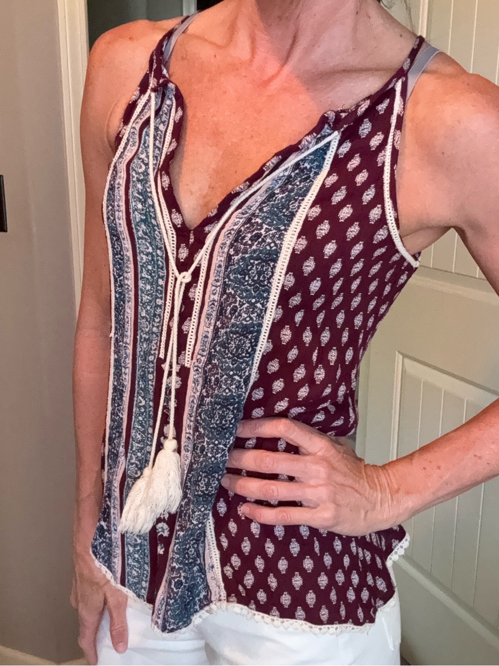 Charlotte Russe Maroon Printed Tassel V-Neck Camisole